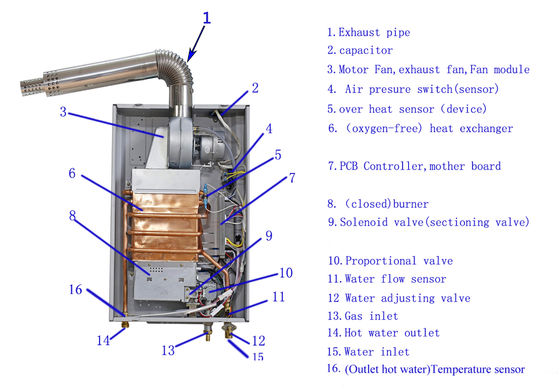 Wall Mounted Flue Gas Water Heater with LED Display Copper Heat Exchanger and Over 90% Heat Efficiency